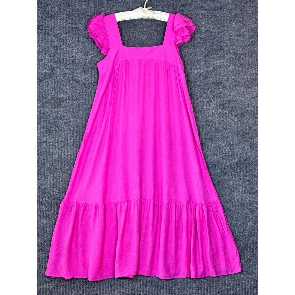August Sky Hot Pink Baby Doll Sun Dress Crinkle Gauze Tiered Midi Size Small EUC